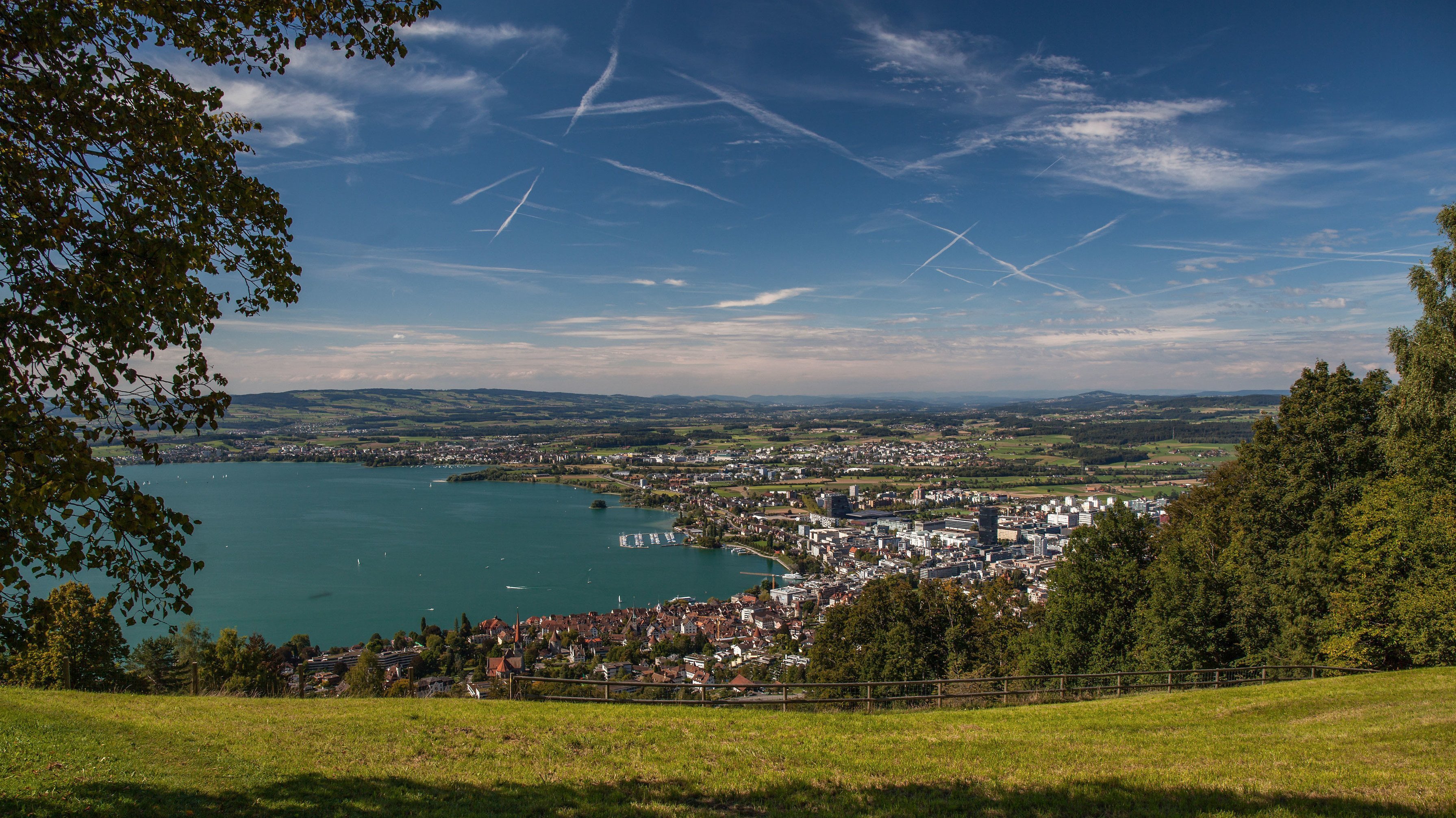 Das Bild zeigt den Zugersee mit Häusern und der Natur rundherum